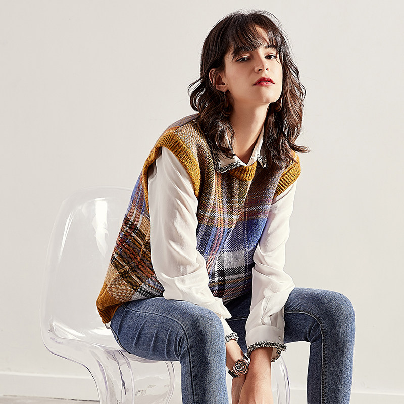 GDZY wool jacquard sweater vest contrast color knitted vest 2021 new women's spring and autumn outer wear waistcoat vest