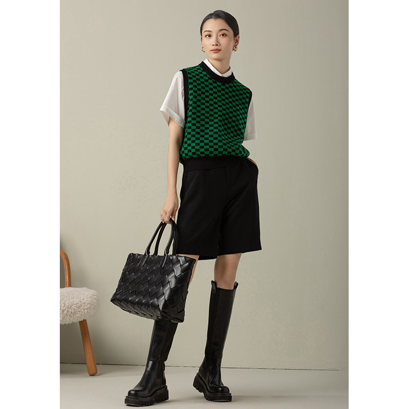 GDZY Sleeveless Pullover Sweater Vest Vest Checkerboard French Stacked Round Collar Knitted Vest Women's Autumn and Winter Outfit