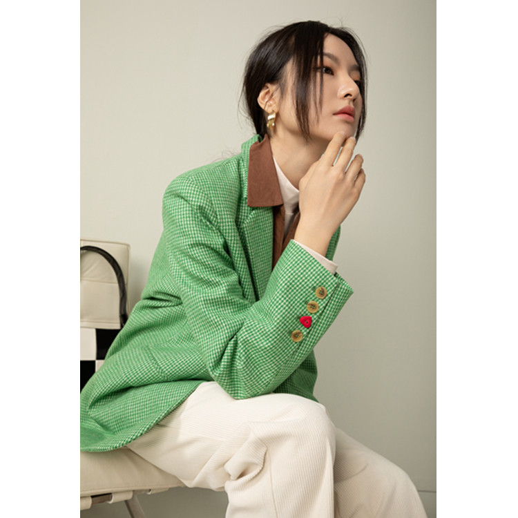 GDZY woolen coat women's green plaid wool coat autumn and winter new houndstooth mid-length suit woolen coat