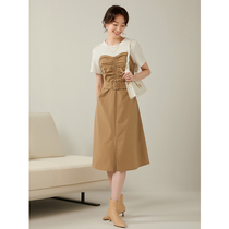 GGDZY one-piece dress lady summer design sensation small crowdsourced fake two dresses over knee small sub-temperament cashew summer new