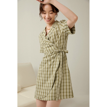 GDZY Suit Collar Plaid dress with dress medium long spring and summer new temperament high-end waist design Sensation Skirt