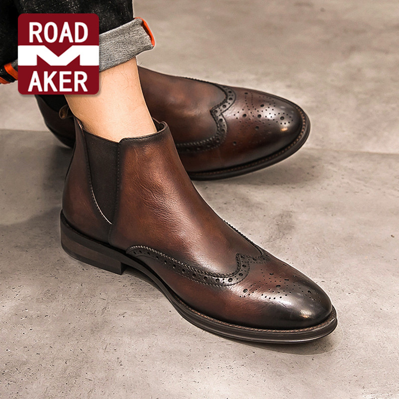 Rodmeco business Chelsea boots autumn British retro brogue men's boots leather wild high leather boots men