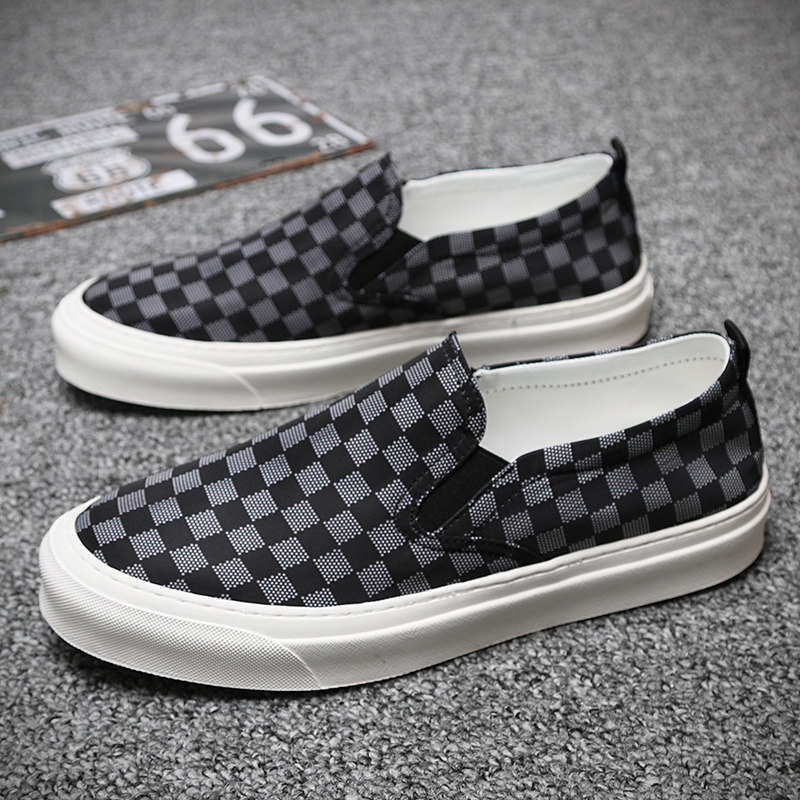 2022 new men's shoes checkerboard plaid autumn and winter one pedal low-top casual sneakers black and white gray lazy canvas shoes tide