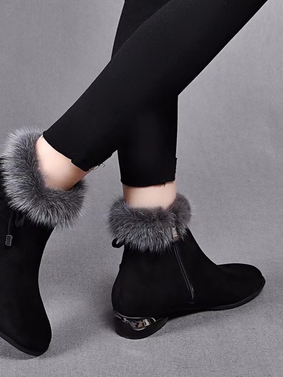 Mink Fur Thick-Heeled Short Boots for Women, Genuine Leather, Korean Style, Matte Women's Boots, Versatile, Fleece-Lined Fashion Boots, Soft-Soled Round-Toe Furry Boots