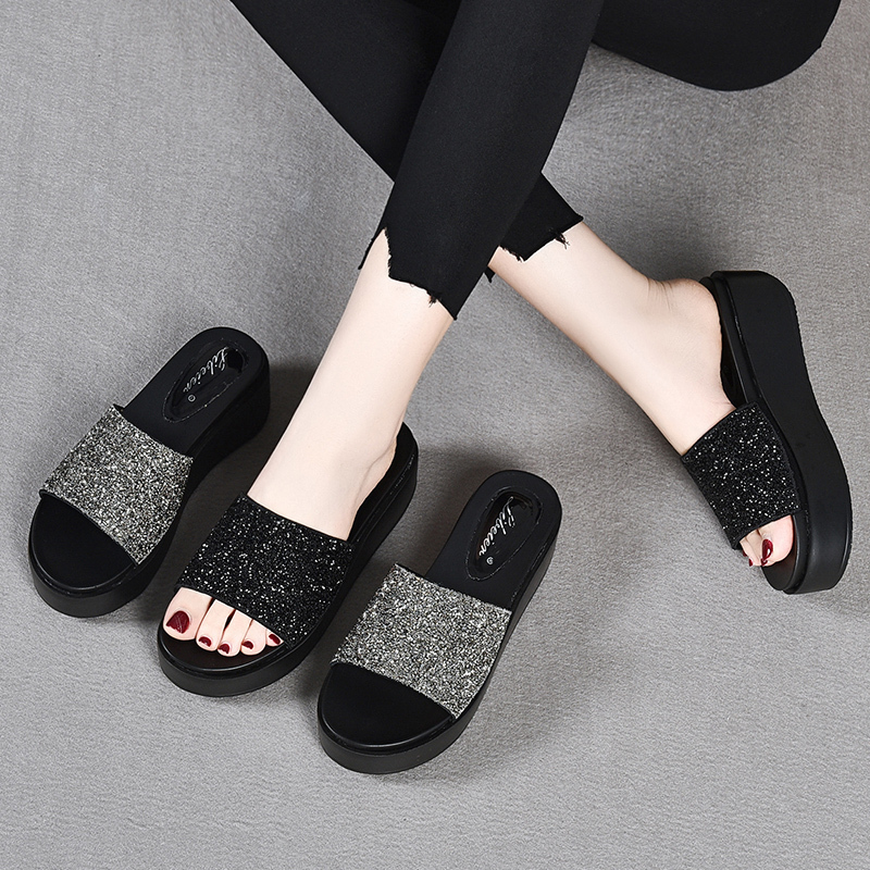 Women's Summer New Thick-Soled Outdoor Sandals with Rhinestones and Sequins, Fashionable Platform Leather Slippers