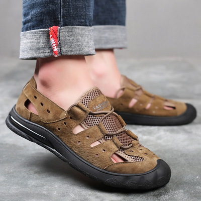 凉鞋男2021夏季新款包头休闲洞洞鞋男士凉鞋真皮透气软底沙滩鞋男