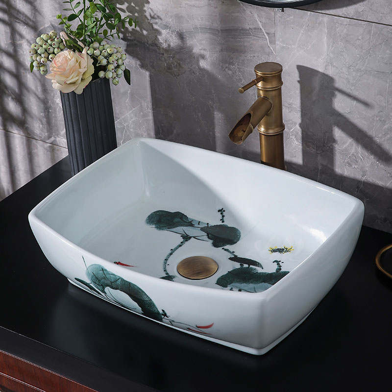 Handpainted Lotus Terrace Bonsai Dezhen Art Washbasin Make-up Room Ceramic Washbasin Balcony Bathroom