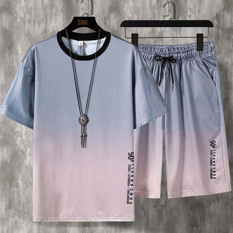 (Ice silk suit) gradient color suit men's casual sports short-sleeved shorts fashion youth large size two-piece suit