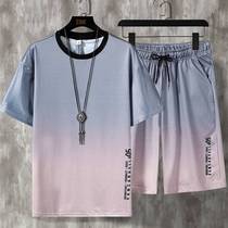 Gradient color suit for mens leisure sports short sleeve shorts fashion youth large number two sets