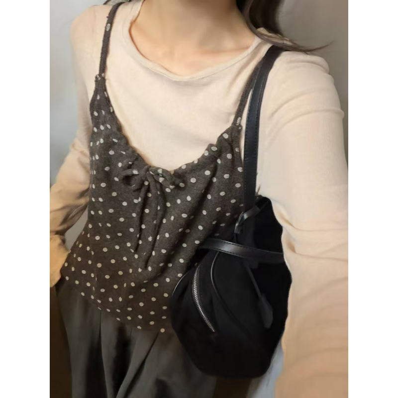 Zoe - Autumn New Round-Neck Solid Color Casual Top + Polka Dot Camisole Two-Piece Set Fw0167