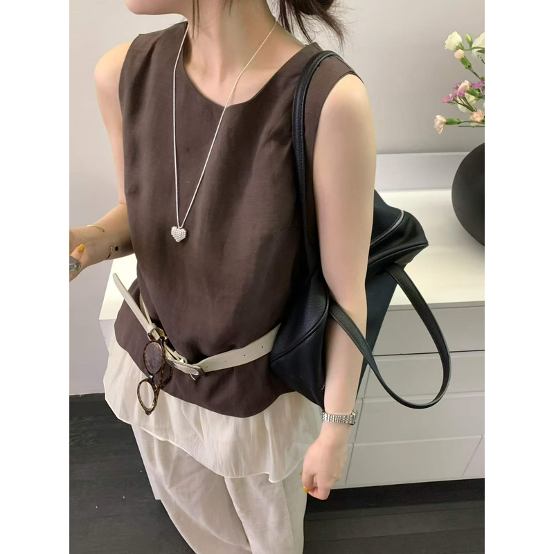 Zoe Zoe - New Ins Linen Top with Fake Two-Piece Design and Ruffled Vest (Excluding Necklace) Zss555