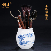 Tea ceremony six gentlemen set sheep fat jade hand-painted Kung Fu tea accessories Ebony solid wood tea clip tea spoon Tea art group