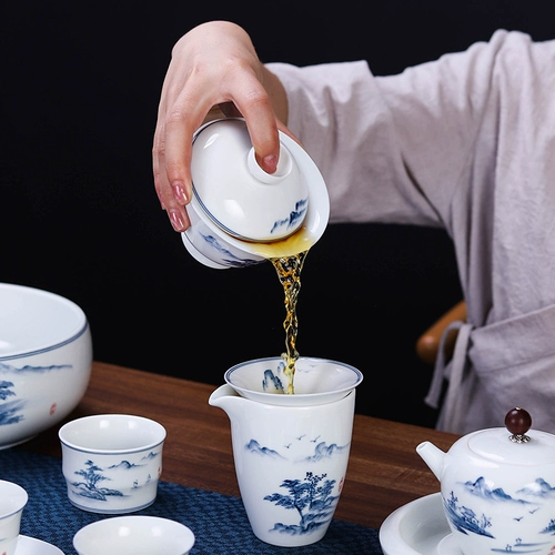 Керамический чайный сервиз, сине-белый комплект, чайная чашка для домашнего использования, ручная роспись, подарок на день рождения, делается под заказ, с печатью вашего логотипа