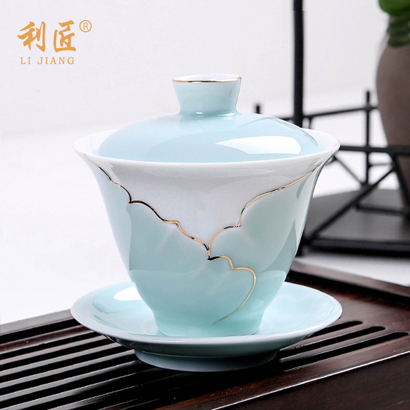 Hand-painted ceramic gold-painted celadon cover bowl Teacup Respect tea bowl Sansai bowl Large hand-caught tea bowl Kung Fu tea set