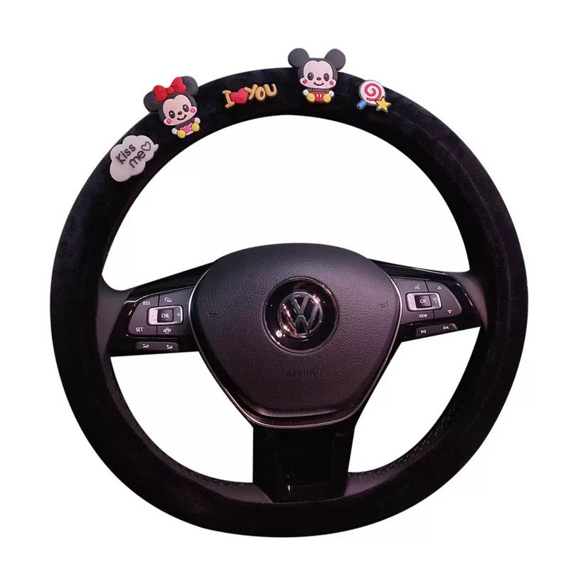 Car steering wheel cover winter plush women Korean cartoon cute universal black non-slip sweat-absorbing direction cover
