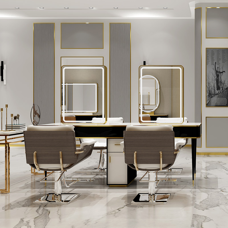 New High-end Beauty Hair Shop Mirrors Hairdresse Shop Cabinet Hair Salon Special Double-sided Tide Minimalist Stainless Steel Bronzed Mirror Table