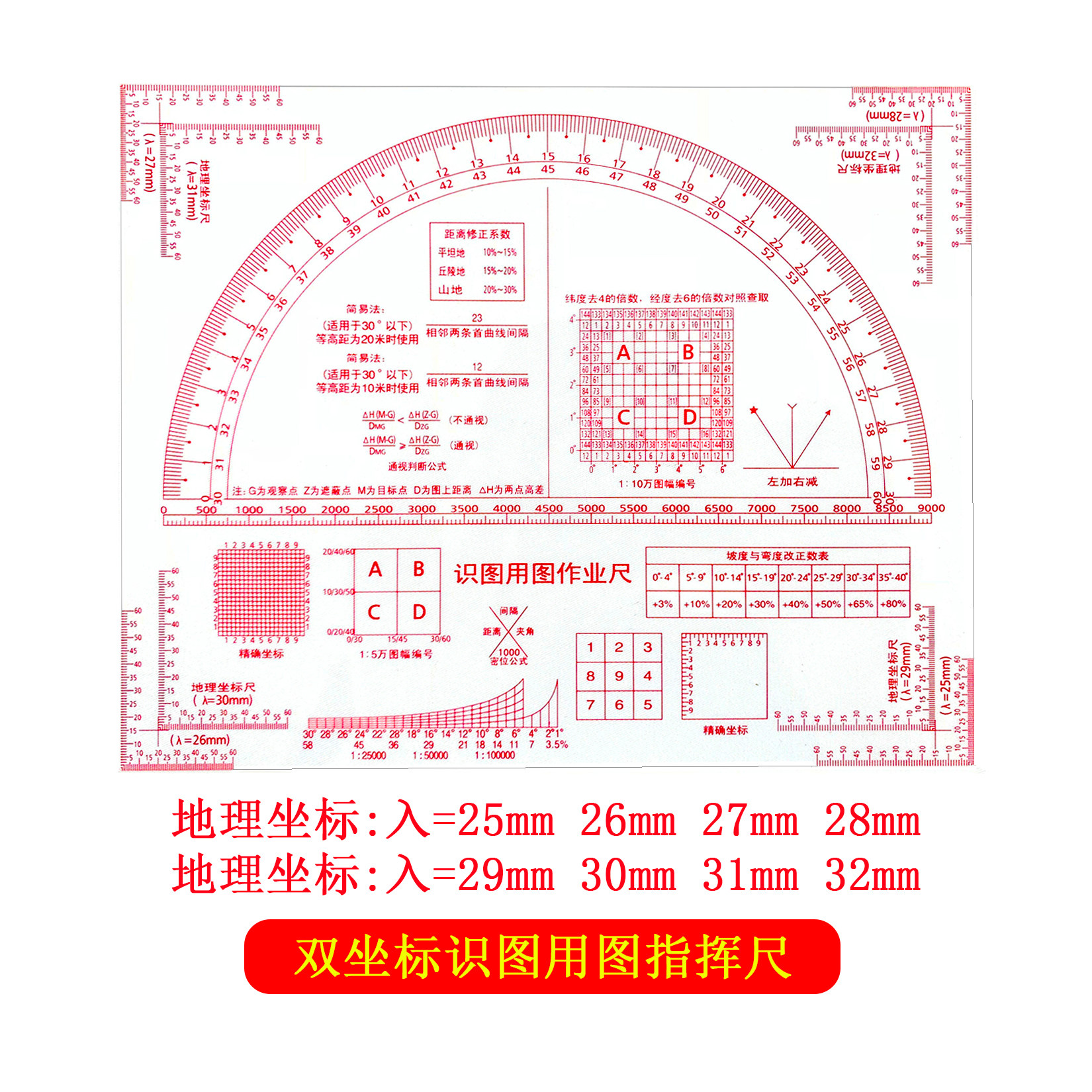 New two-coordinate identification map ruler 1:50,000 geographic coordinate ruler Military terrain command ruler Slope identification ruler