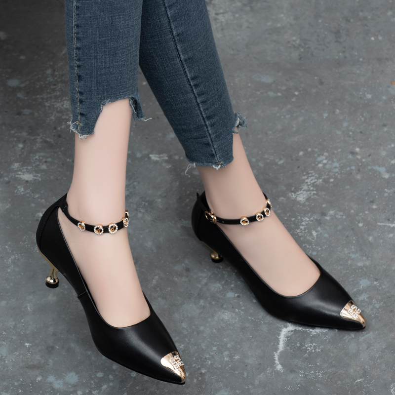 In the spring and autumn of 2023, new high heels female pointed heels and single shoes black leather shoes in the leather heel work shoes