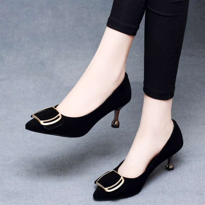 In 2023, the new spring heel heel heel female pointy shoes working leather shoes spring shallow real leather shoes