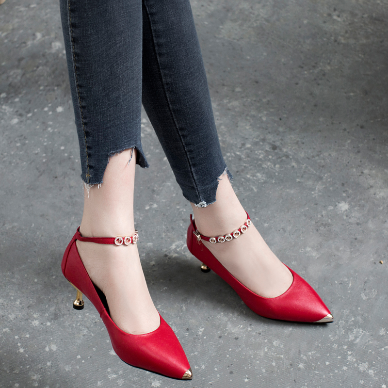 Stiletto single shoes women's high-heeled leather shoes in the summer of 2023 new pointed toe soft leather all-match red summer mid-heel leather shoes