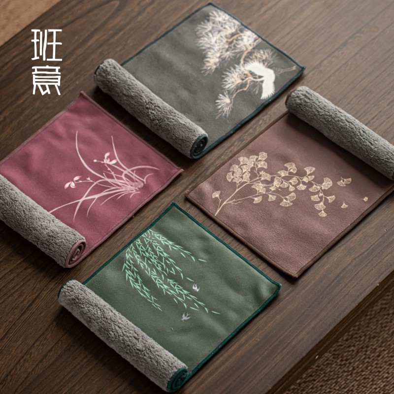 Bamboo official painted tea towel cloth thickened water-absorbing high-end tea table tablecloth mat Kung Fu tea set accessories square towel does not shed hair