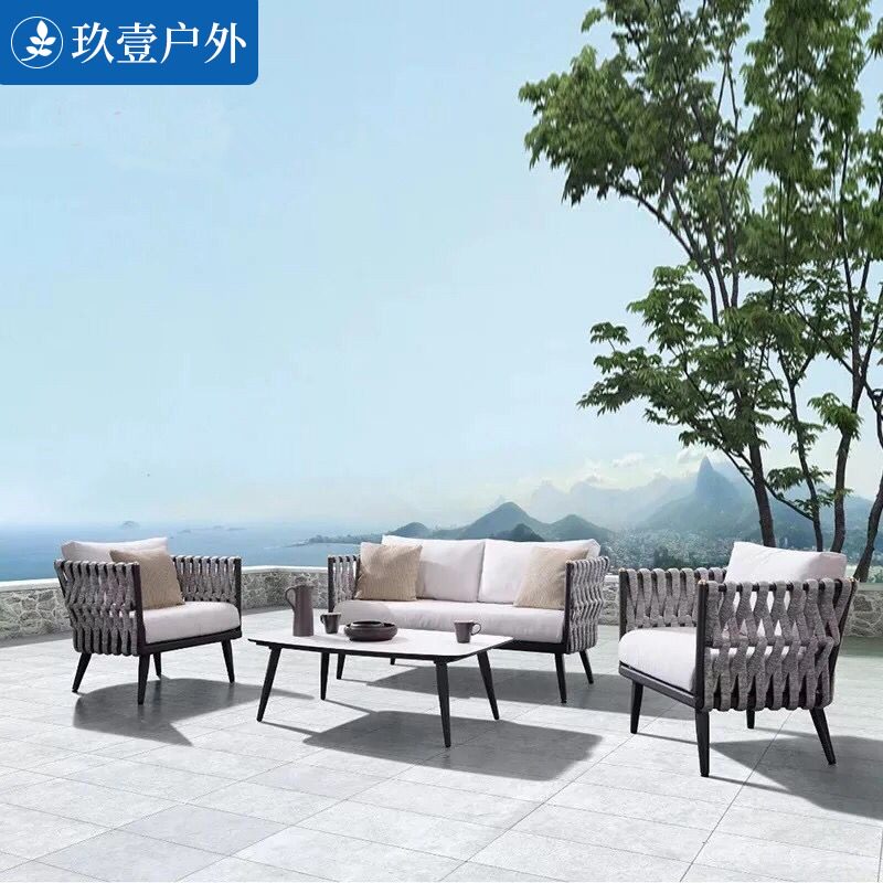 Nordic outdoor rattan sofa courtyard outdoor waterproof open-air garden balcony rattan sofa single small coffee table combination