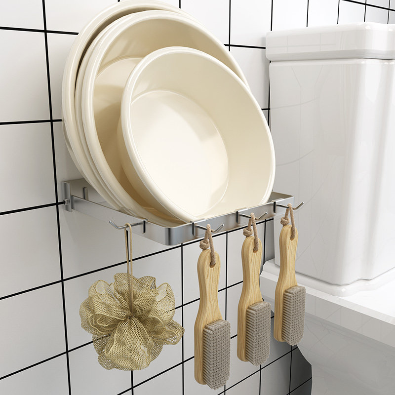 Powder room wall-mounted foot basin rack bathroom vertical washbasin storage shelf toilet free punching basin rack with hook