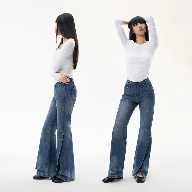Dusklit Huaiyan Blue Deconstructed and Reformed Patchwork Design Jeans Low-Waist Washed Vintage Micro-Flared Pants for Women