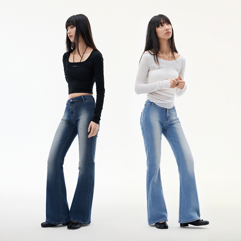 Dusklit Light Blue Mid-Low Waist Flared Jeans for Women, Summer Slim Fit, Floor-Length Stacked Bell-Bottom Pants