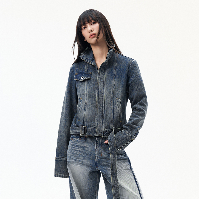 Dusklit Twilight Blue Motorcycle Washed Denim Jacket Women's Short Slim Fit Waist-Cinching Short Coat Dusklit Twilight Blue Motorcycle Washed Denim Jacket Women's Short Slim Fit Waist-Cinching Short Coat