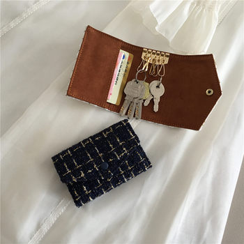 Key Bag for Women, Compact Card Holder, Tweed Woven Plaid Key Bag, Multifunctional Portable Keychain