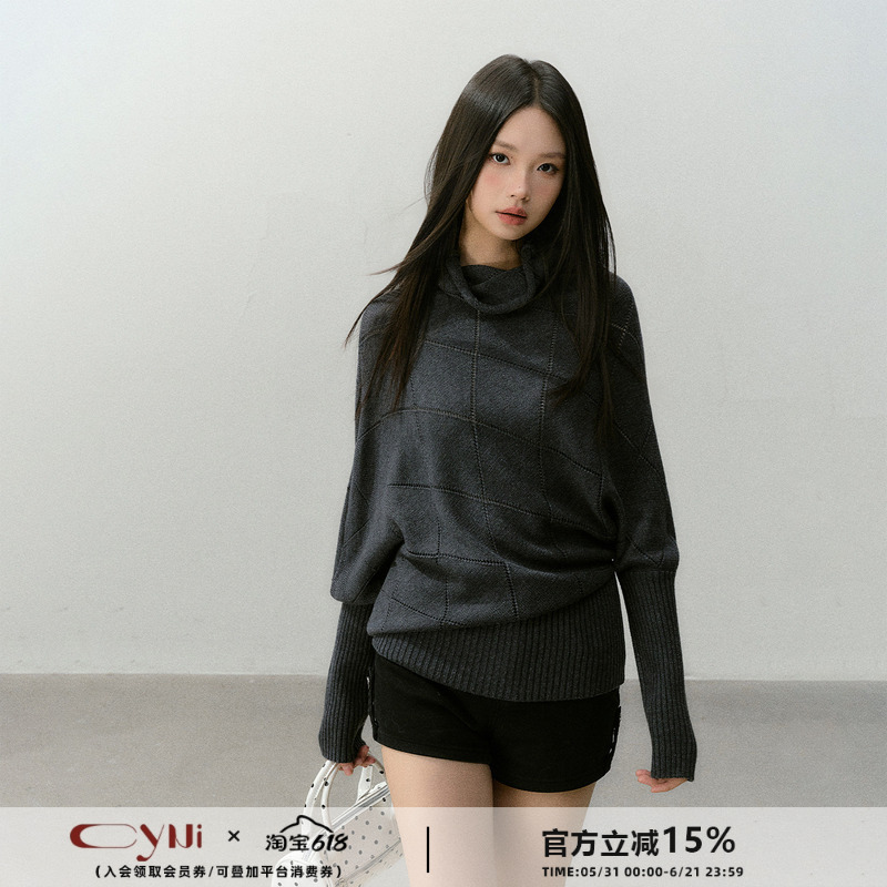 Cyni【Dill Bubble】Hollow-Out Diamond-Patterned Wool Turtleneck Knit Pullover Sweater, Slimming High-Neck Top