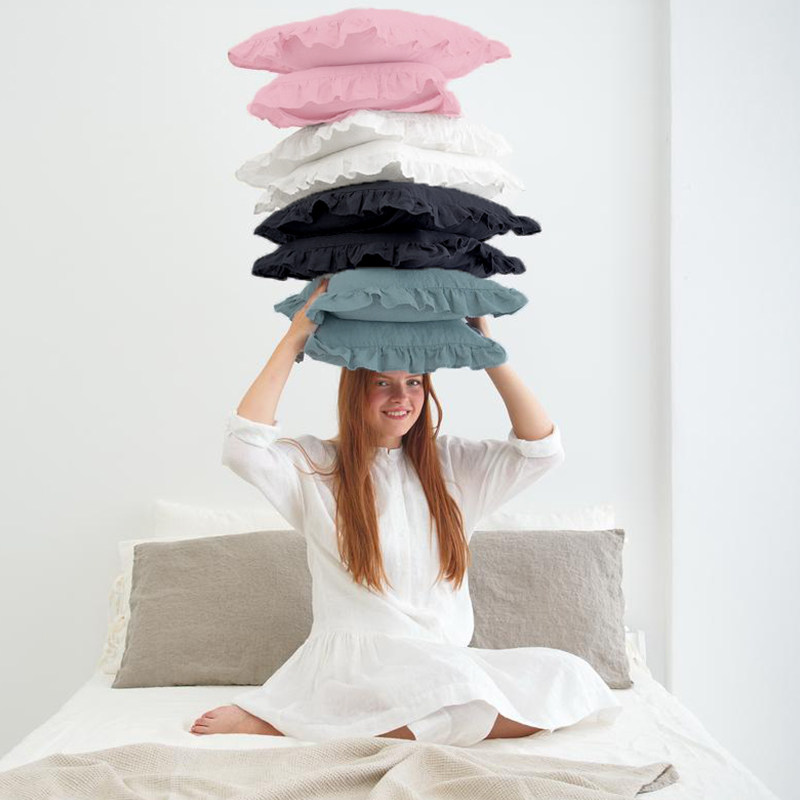 Pure linen lotus leaf pillowcase single pillow with solid color washed simple cotton and linen breathable antibacterial and anti-mite bedding