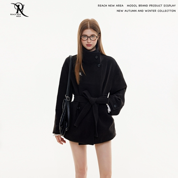 Reach original spring and autumn high-quality metal label black suit jacket women's waist-tightening versatile woolen top