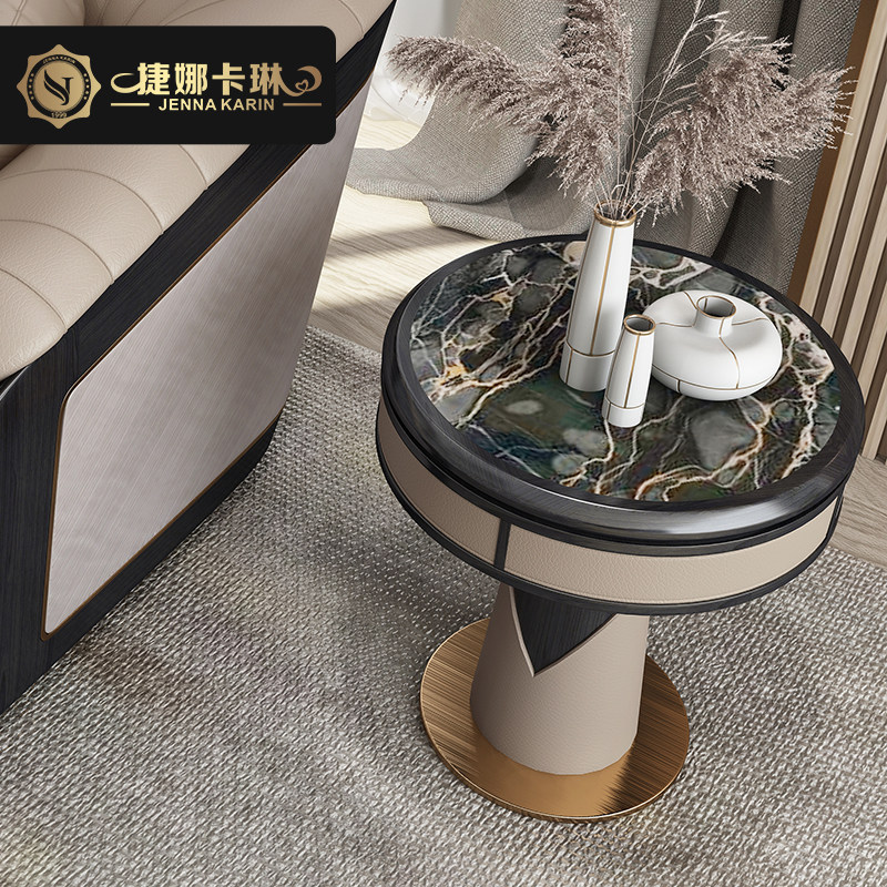 Light luxury sofa slate small side table Italian solid wood living room small coffee table simple luxury round table marble corner table
