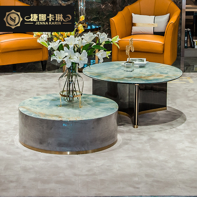 Italian light luxury marble TV cabinet coffee table combination villa living room furniture post-modern slate round set