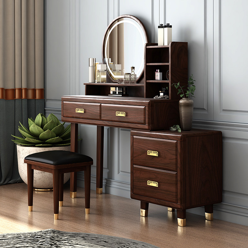 Chinese style make-up bench bedroom modern minimalist small household type full solid wood with lamp makeup table storage cabinet integrated multifunction