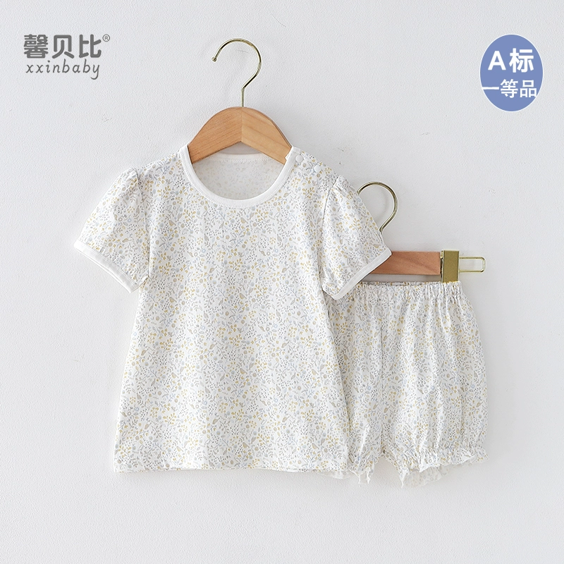 Xin Beibei mùa hè cô gái thuần cotton quần short ngắn tay hoa nhỏ phù hợp với cô gái nhỏ giản dị áo phông phù hợp với - Phù hợp với trẻ em