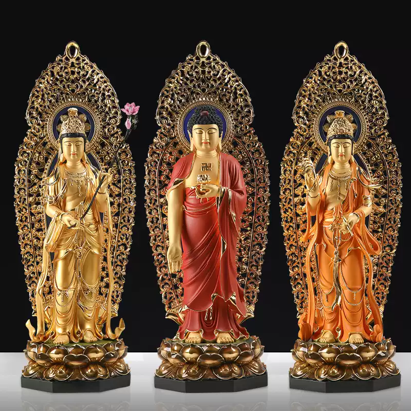 台湾风格西方三圣佛像铜制佛堂供奉观音大势至菩萨贴