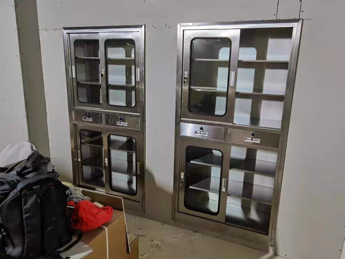 不锈钢移门嵌入式麻醉柜中二斗玻璃门药品柜手术室暗装物品柜定制