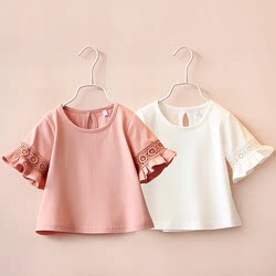 아기 소녀 레이스 짧은 소매 티셔츠 2025 여름 한국 신 New Girl 어린이 옷 레이스 라운드 넥 아동 꼭대기