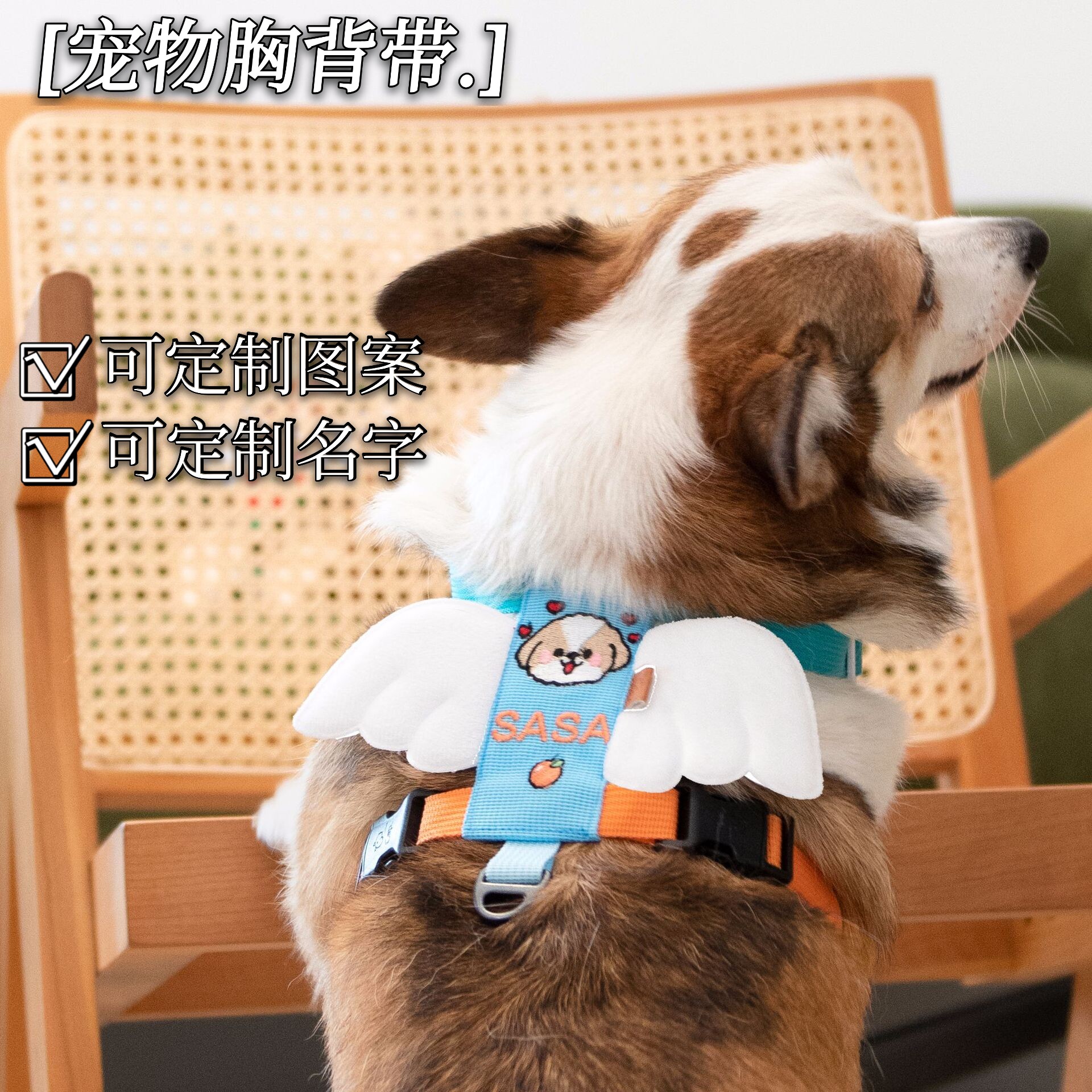 Pet traction rope chest hug baby bag embroidery custom dog name small and medium-sized dog dog rope walking dog rope vest type corgi