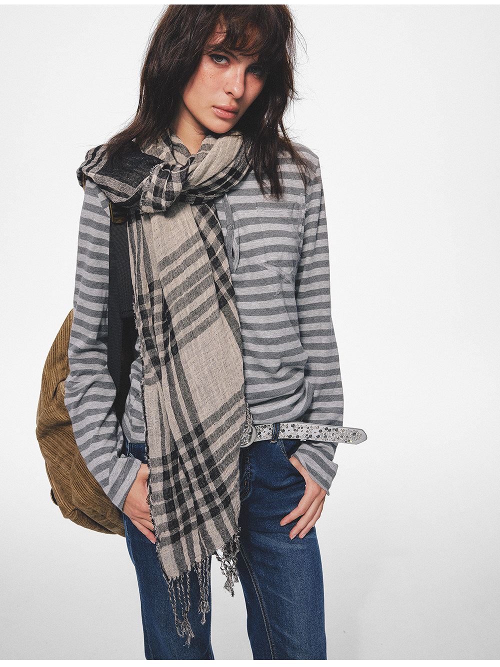TREclub Fringed Plaid Long Scarf