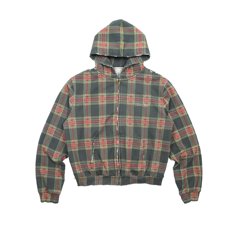Treclub Retro Plaid Washed Distressed Cardigan Zipper Hooded Sweatshirt
