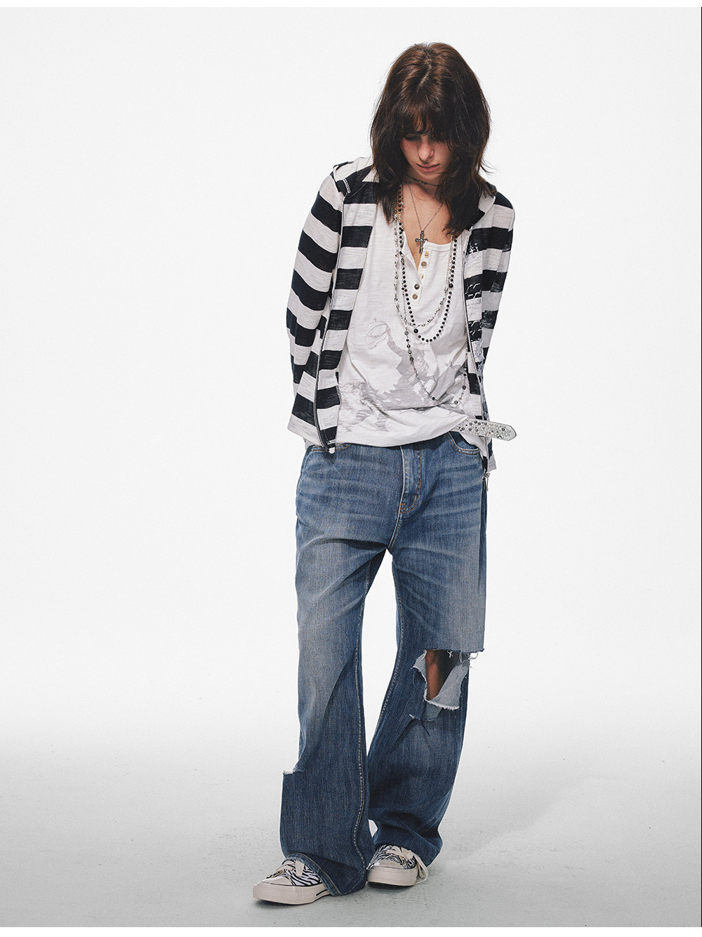 TREclub Black White Striped Zip-Up Jacket