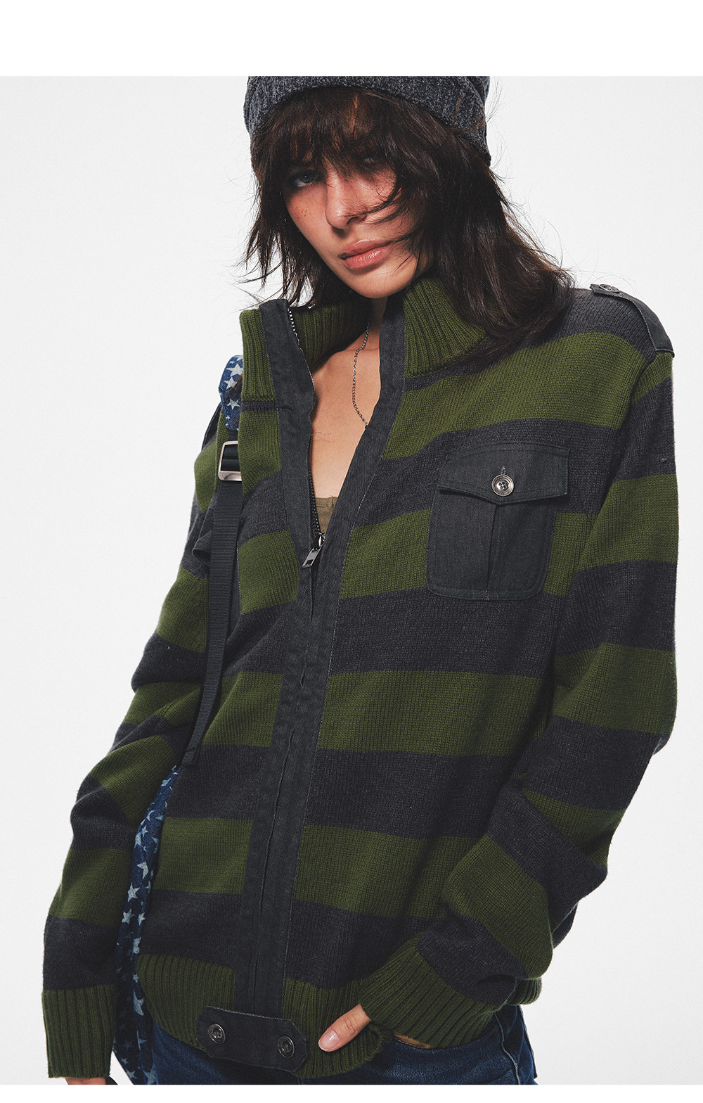 TREclub Green Striped Zip-Up Cardigan
