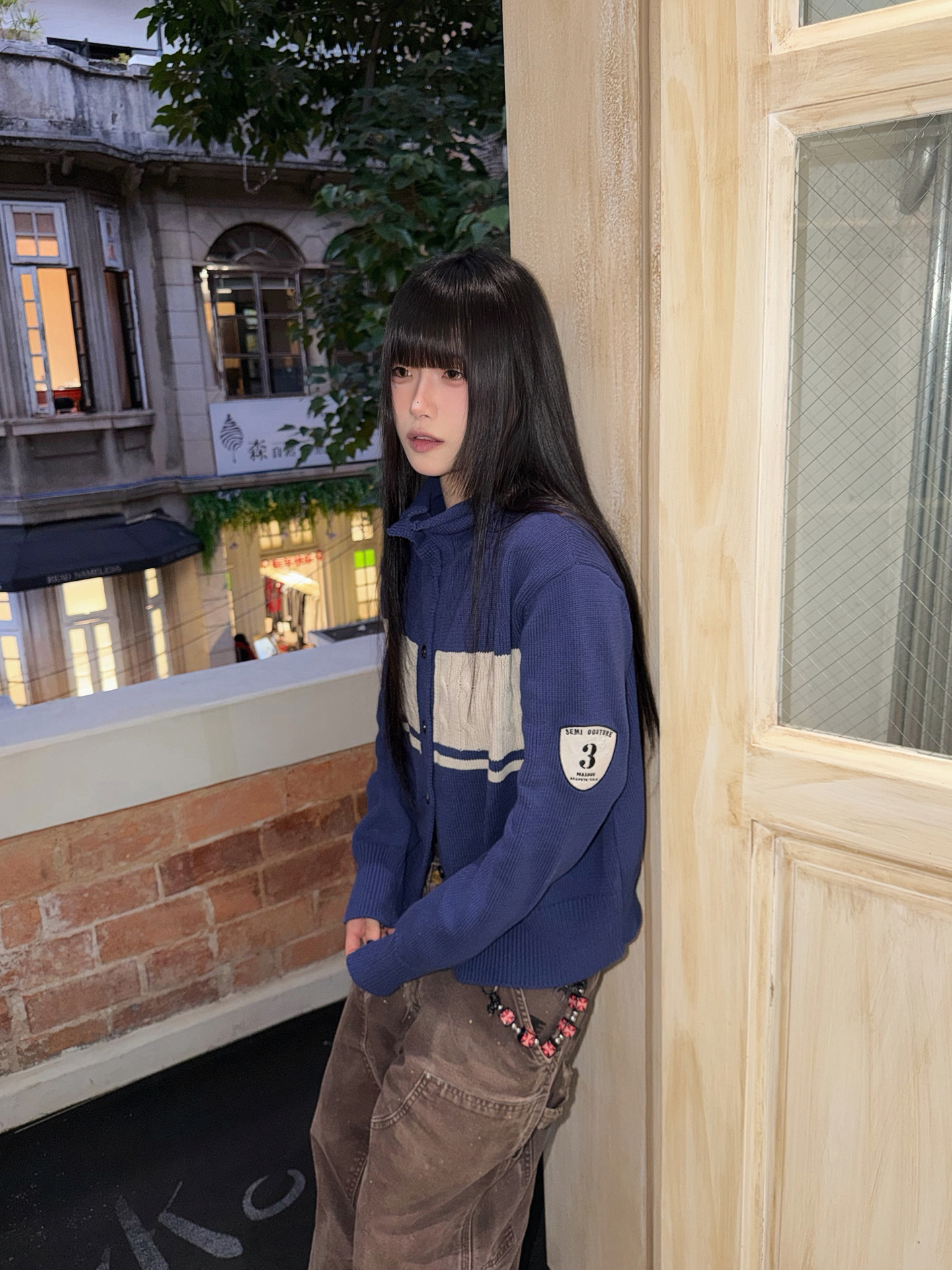 TREclub 300g Blue White Cable Knit Half Turtleneck Sweater