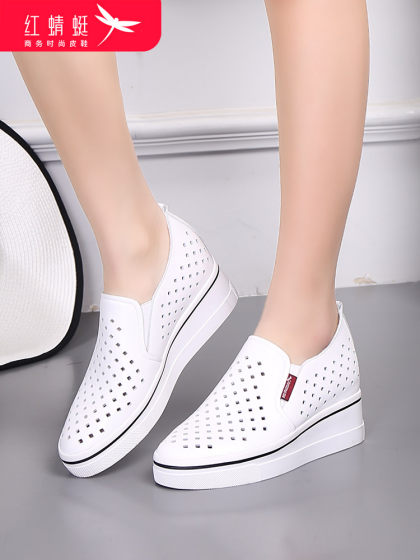 红蜻蜓真皮女鞋镂空透气内增高中年坡跟厚底妈妈单鞋休闲白色鞋子