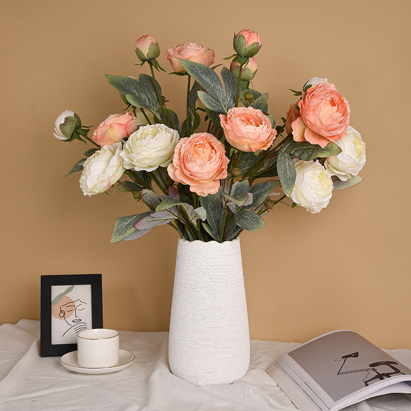 Simulation Three-Head Oil Painting Peony Fake Flowers dry Flower Flowers Living Room Genguan Dining Table Decoration Pendulum floral flower art suit