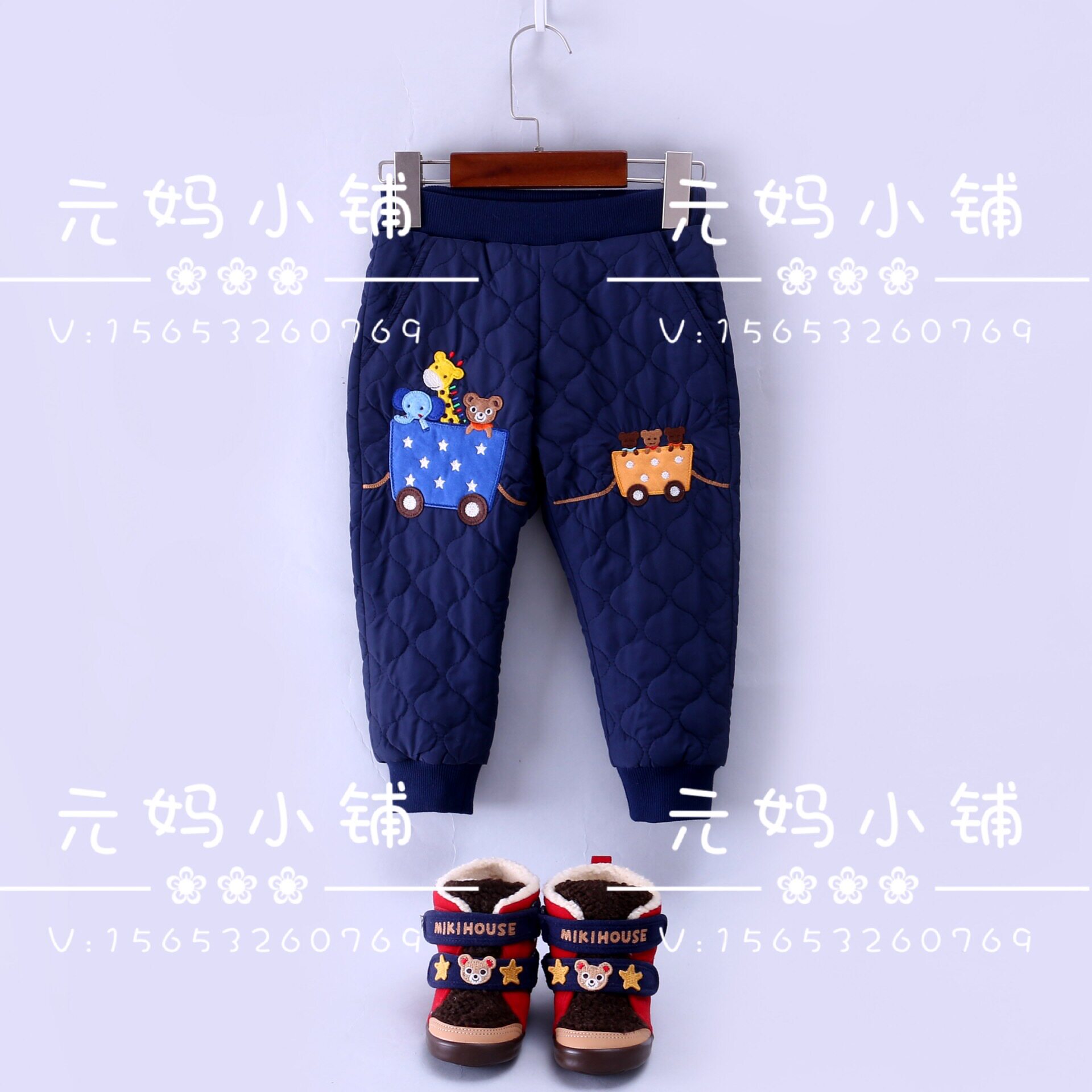 Popular models recommended miki new autumn and winter children's clothing pure cotton cartoon pull cart embroidery cloth paste ski cotton pants Yuanmajia